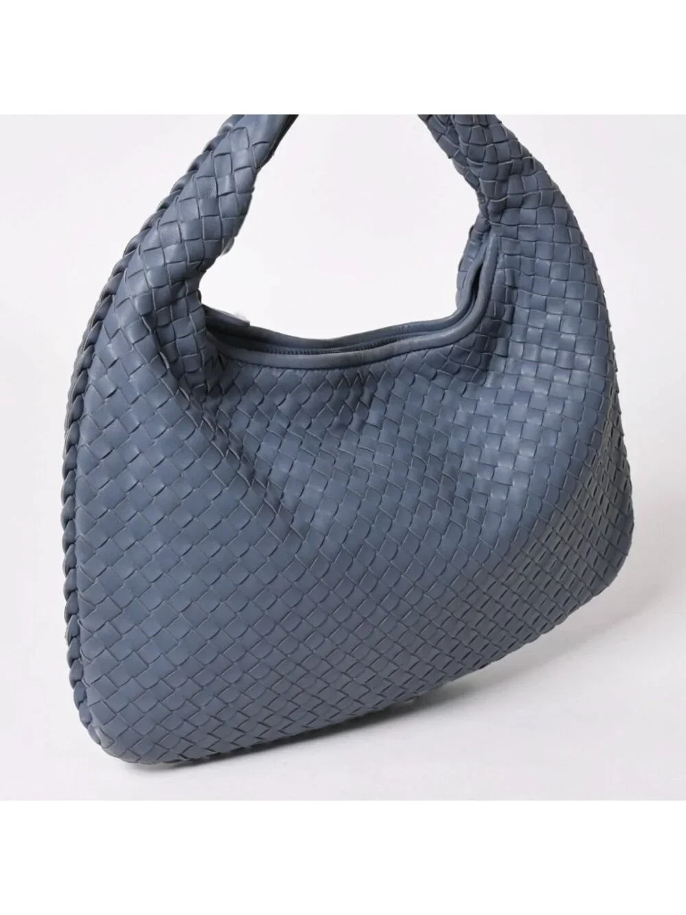 Bottega Veneta Intrecciato Hobo Handbag Blue Gray Black Metal Lambskin